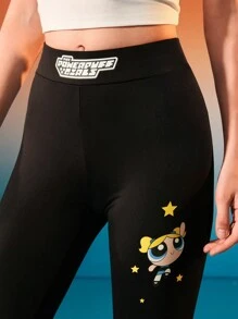 THE POWERPUFF GIRLS X SHEIN Summer Black Cartoon Pattern Basic Cute Casual Style Leggings