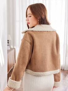 SHEIN Áo khoác thường ngày có ve áo bằng da lộn giả tuổi teen Girl - Màu Khaki - Xem 2