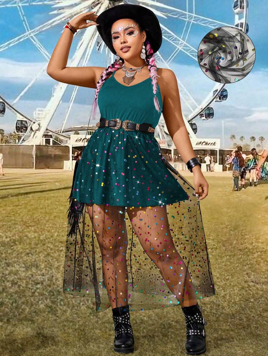 Flirla Plus Size Mesh Vacation Dress With Spaghetti Straps, Summer - Blue - View 1