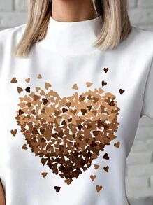 INAWLY Heart Print Small Stand Collar Casual T-Shirt Graphic Tees Women Tops - White - View 3