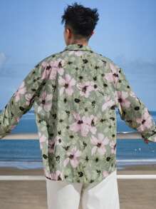DAZY 男士花卉印花宽松休闲长袖衬衫，春夏