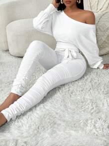 SHEIN SXY Spring/Autumn Casual Asymmetrical Shoulder Warm Home White Batwing Sleeve Jumpsuits - White - View 9