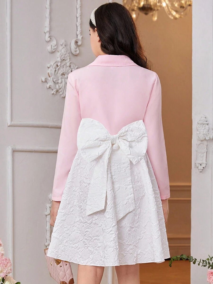 SHEIN 少女优雅可爱蝴蝶结西装外套和吊带裙套装 - 彩色 - 查看 1