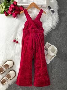 SHEIN Young Girl Elegant Burgundy Velvet Sleeveless Jumpsuit With Dramatic Ruffle Heart Accent, Suitable For Festivals, Parties, Birthdays, And Daily Wear, For Halloween Party - Burgundy - View 2