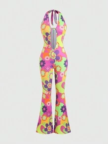 SHEIN Unity Summer Fashion Glow-In-The-Dark Floral Print Hollow Out Halter Jumpsuit, Assorted - Multicolor - View 3