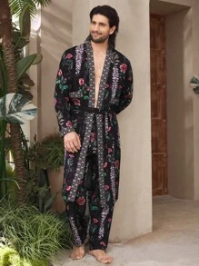 Manfinity Underwear&Sleepwear Basics 男式全图案印花拼布长袖衬衫和裤子家居服套装 - 彩色 - 查看 4