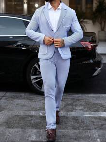 Manfinity Mode Men's Notched Collar Pocket Long Sleeve Top And Pants Suit - Blue and White - View 4