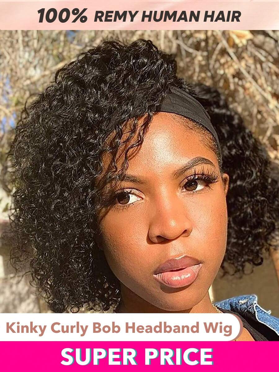 Short Bob Kinky Curly Headband Wig Human Hair Wear Go Glueless Curly