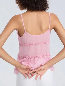 Women's Multi-Layer Ruffle Trim Sheer Cami Top - Pink - View 2