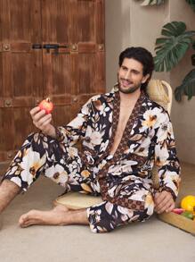 Men's Full Flower Print Patchwork Long Sleeve Pajama Set, Loungewear - Multicolor - View 4