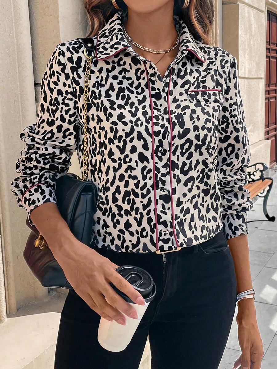 SHEIN Clasi Leopard Print Color Block Trim Casual Shirt, Spring Autumn