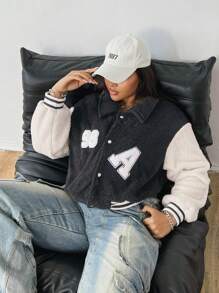 Flirla Patchwork Short Plush Casual Letterman Jacket