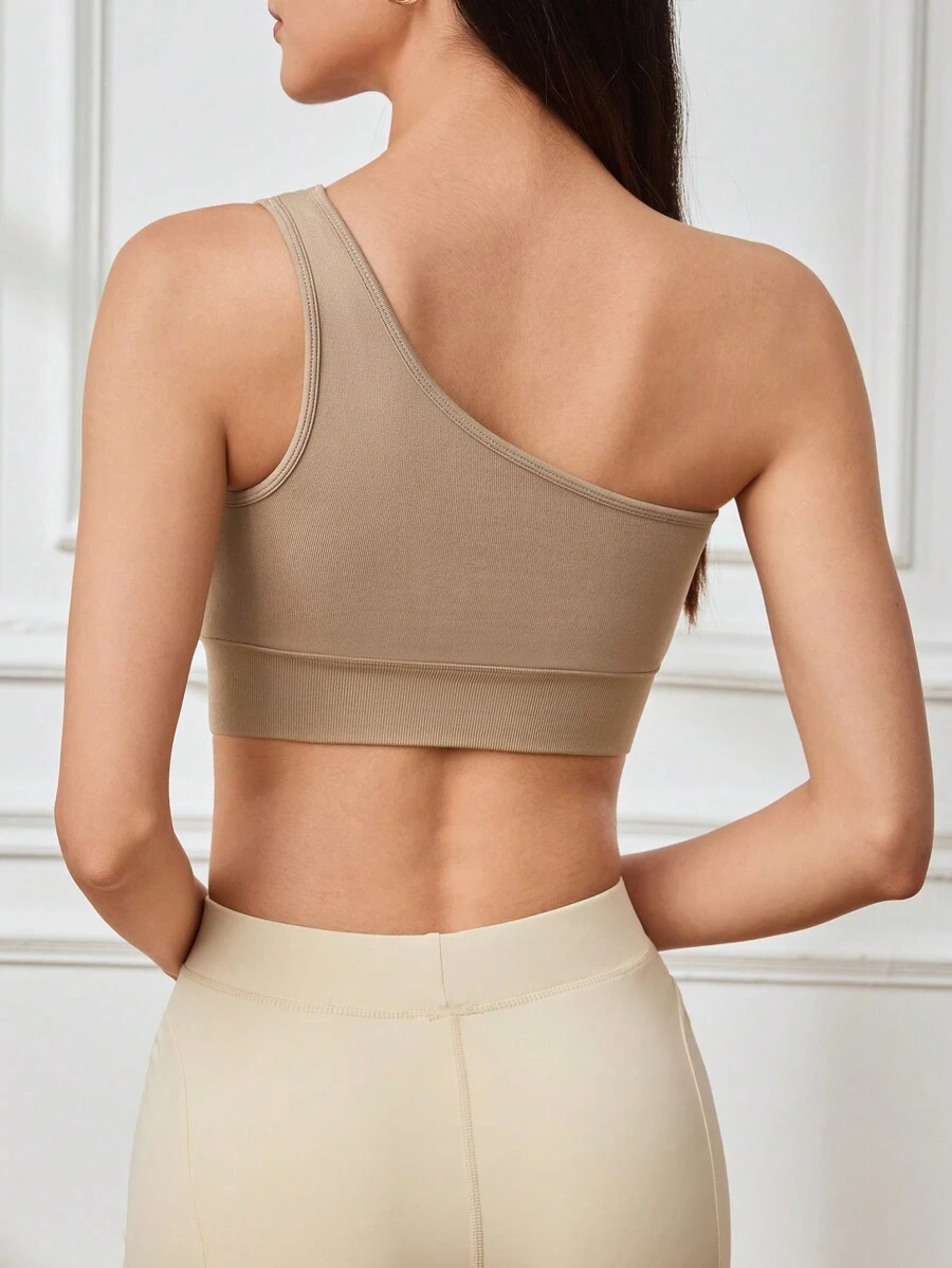 Easithlete Reggiseno sportivo corto semplice da donna con collo asimmetrico, senza maniche e color unito - Castano - Visualizzare 1