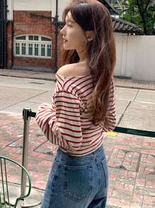 DAZY Women's Striped Open Shoulder Loose Long Sleeve T-Shirt, Suitable For Christmas, Spring, Summer And Autumn