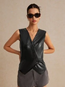 SHEIN Frenchy Women's Black PU Faux Leather Asymmetric Cropped Vest Blazer, Black PU Blazer, Black Vest, Leather Vest, Fall/Winter Clothing, Old Money, Casual Easy Fashion Essentials, Bridgerton Style Elegant - Black - View 3