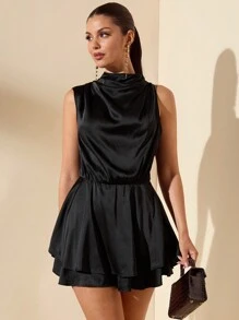 SHEIN BAE Bộ đồ liền thân xếp nếp cổ bất đối xứng bằng vải satin bóng cho nữ - màu đen - Xem 5
