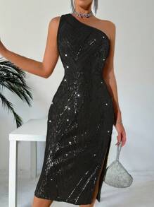 Glamine Women's Mid-Length Dress, Sleeveless Asymmetric Shoulder High Slit Sequin Formal Gown, Holiday Party Dress, Cocktail Party Dress, Sequin Dress - Black - View 3