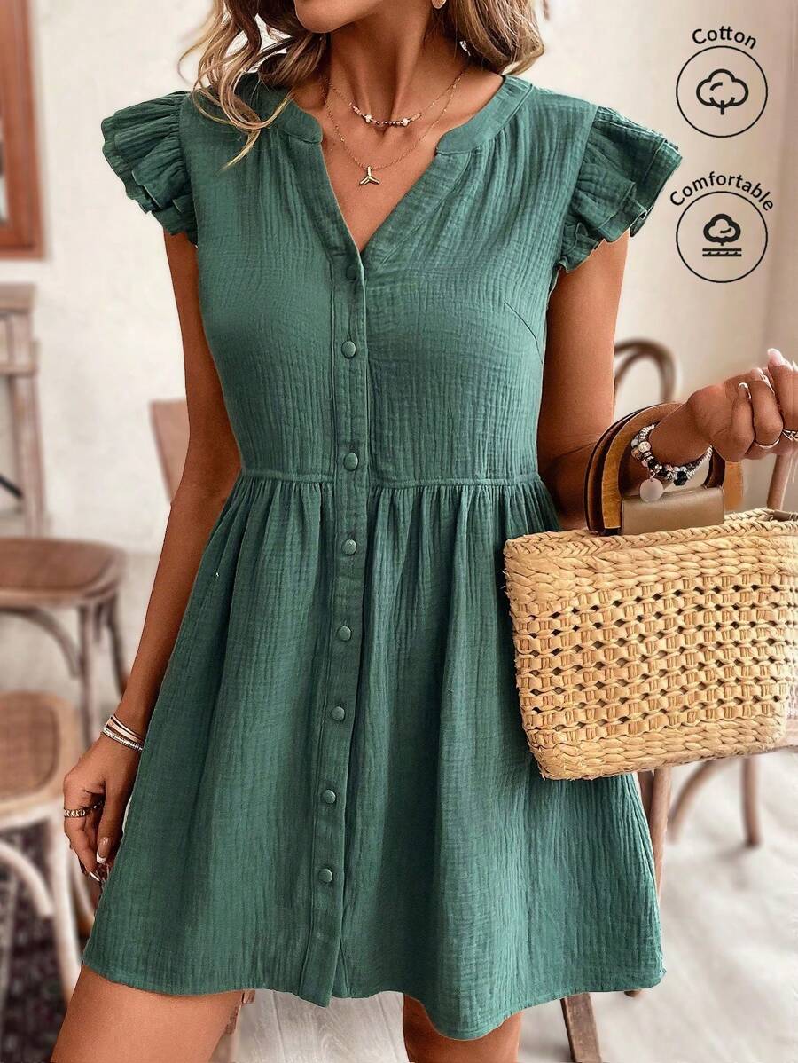 SHEIN Frenchy Plus Kích thước Cổ chữ V dành cho nữ, Quay lại đến trường ,Màu trơn Đơn giản Mặc hàng ngày Váy - Màu xanh lá cây đậm - Xem 1