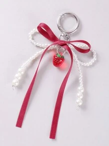 ROMWE Kawaii 1 件 INS 韩式优雅手工串珠白色仿珍珠，红丝带蝴蝶结草莓吊坠包饰钥匙扣，适合女性日常佩戴，节日礼物 - 紅色 - 查看 5