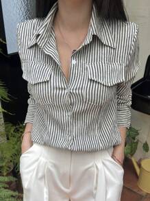 DAZY Áo sơ mi nữ tay dài có cổ, túi ôm, họa tiết sọc, trang phục công sở, thời trang xuân/hè/thu, mùa thu - Xám - Xem 4