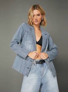 WESTFADE 优质棉质牛仔条纹男友风西装外套 - 深色水洗藍 - 查看 1