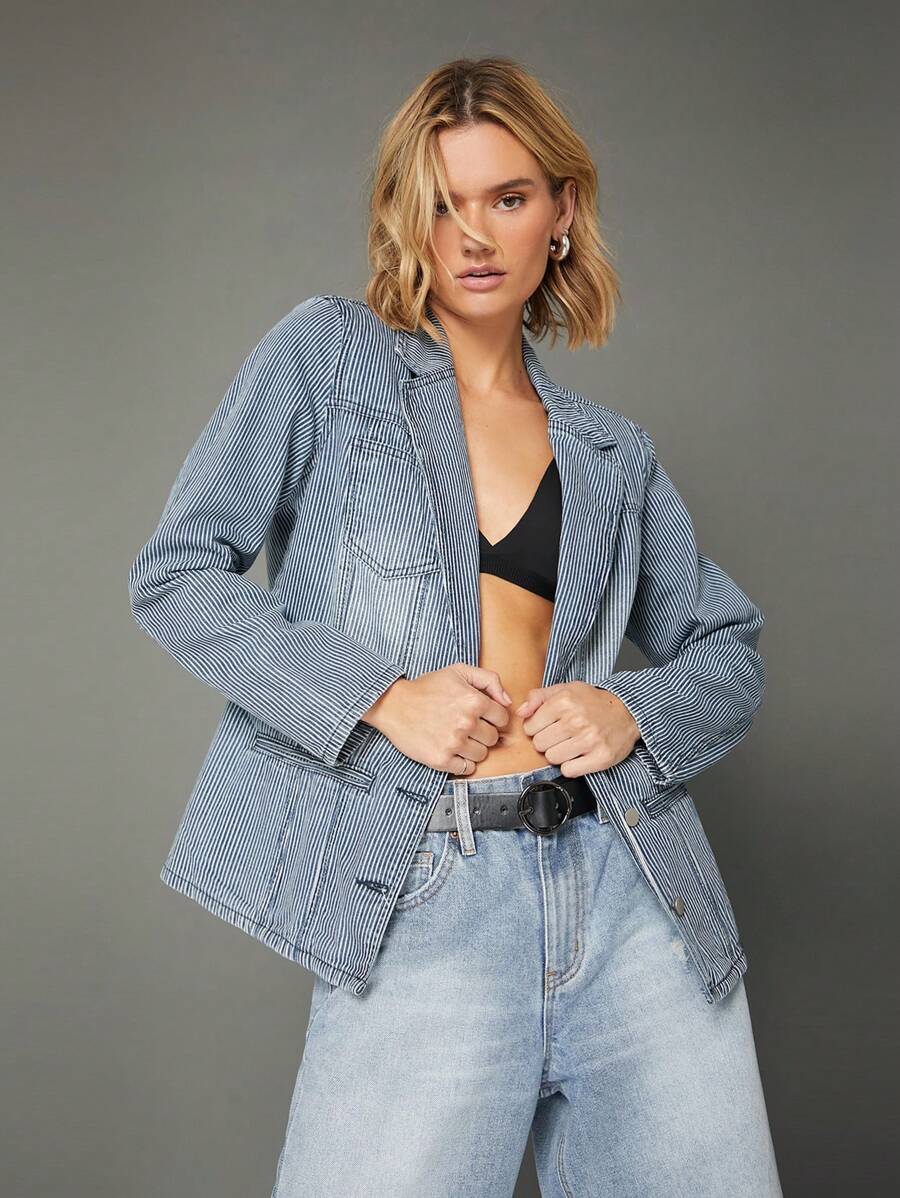 WESTFADE 优质棉质牛仔条纹男友风西装外套 - 深色水洗藍 - 查看 1