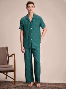 EverLounge Conjunto de uso casual en el hogar con camisa de manga corta con botones con estampado total y pantalones para hombres - Verde - Ver 4