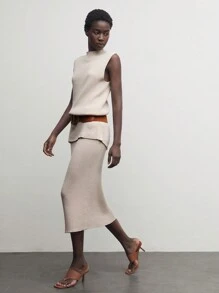 BizChic 杏色无袖圆领直筒针织办公套装 - 杏色 - 查看 6