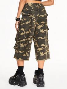 ROMWE Grunge Punk Pantaloncini a gamba larga a vita alta in denim vintage lavato con stampa mimetica, adatti per la scuola - Multicolore - Visualizzare 4