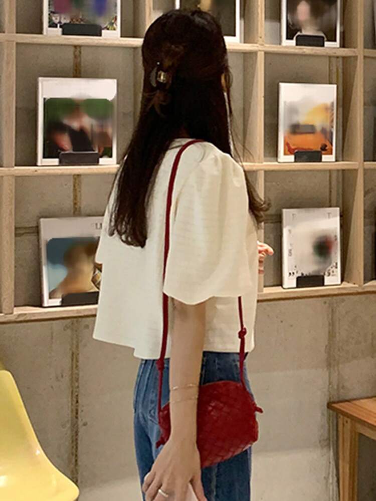 Women's Solid Color Bishop Sleeve Tie V-Neck Blouse