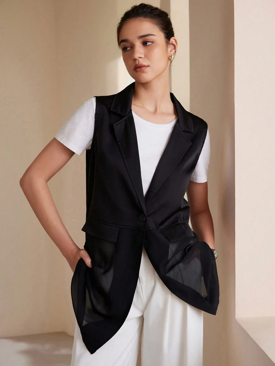 SHEIN Privé Fashionable Satin Contrast Mesh Midi Vest, Spring/Summer , Black - Black - View 1