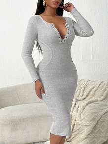 SHEIN SXY Women's Casual Long Sleeve Stretchy Mid-Length Dress, Autumn Fall Clothes Women - Light Grey - View 4