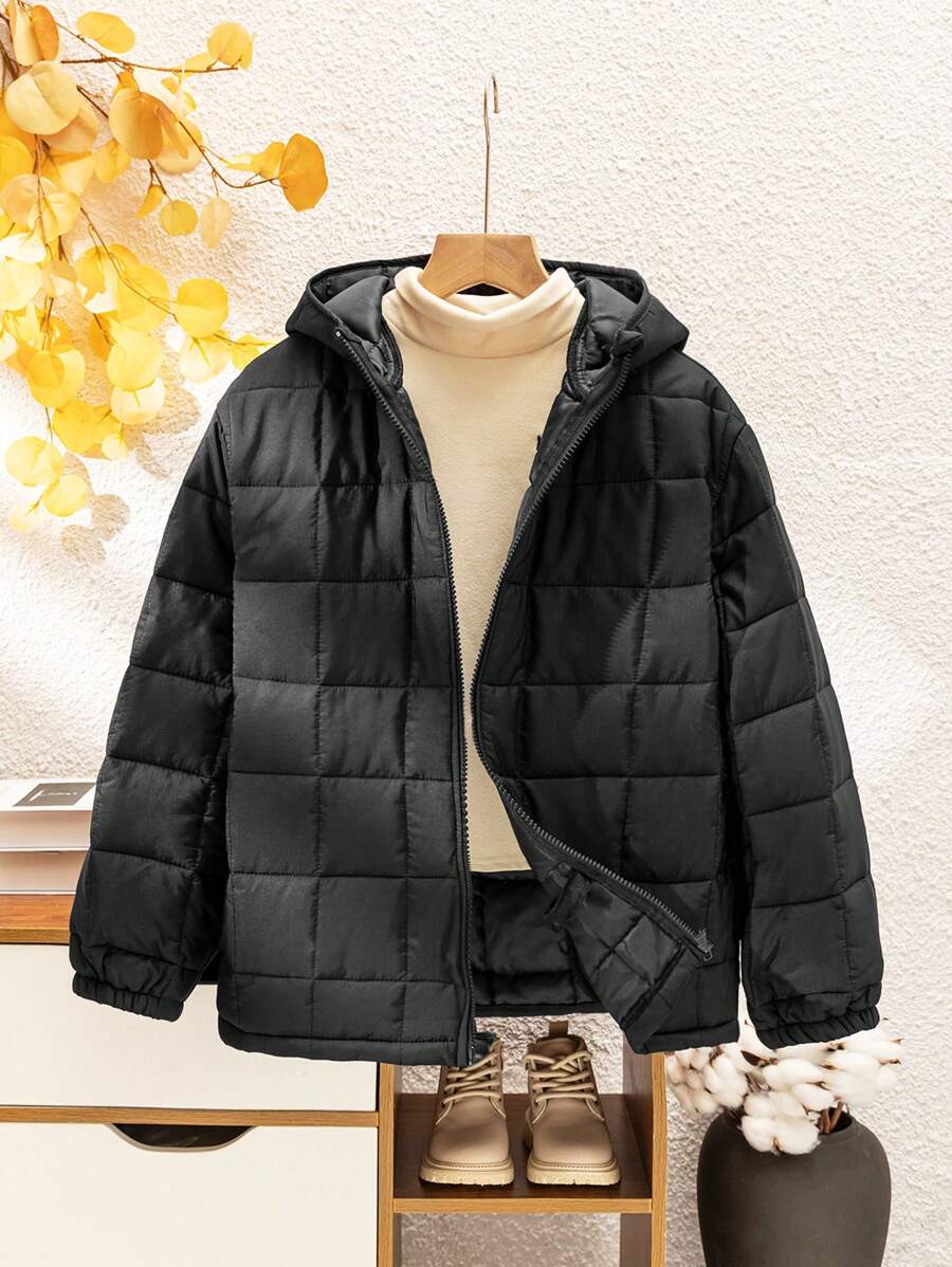 SHEIN Tween Boy Padded Hooded Winter Jacket With 3D Devil Horn Quilting - Black - View 1
