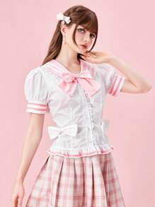 ROMWE Kawaii 女式学院风海军蓝领结荷叶边下摆衬衫，学校 - 白色 - 查看 3