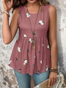 EMERY ROSE 女士圆领无袖绿色花卉荷叶边下摆优雅时尚背心 - 藕粉色 - 查看 1