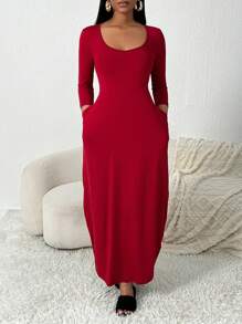 SHEIN SXY Lässiges, Oversized Damen Langkleid mit 3/4 Ärmeln für den Herbst - Bordeaux - Übersicht 4