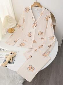 2pcs Teen Girls' Casual Beige Cute Bear Print Long Sleeve Loose Fit Pajama Set - Beige - View 3