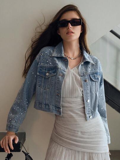 MOTF STUDIO RHINESTONE DETAIL DROP SHOULDER OVERSIZE CROP DENIM JACKET