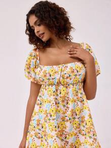 Forever 21 Vacation Style Casual Mini Ditsy Floral Puff Sleeve A-Line Dress - Multicolor - View 3