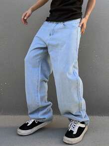 Manfinity EMRG Jeans in denim con cucitura a contrasto, vestibilità ampia, tasche inclinate, per uomo. Jeans ampi, jeans larghi, jeans a gamba larga, jeans ampi blu per uomo.