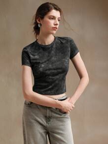 Anewsta Women Casual Tie-Dye Washed Effect Gray Fitted Cropped T-Shirt Graphic Tees Women Tops - Dark Grey - View 7