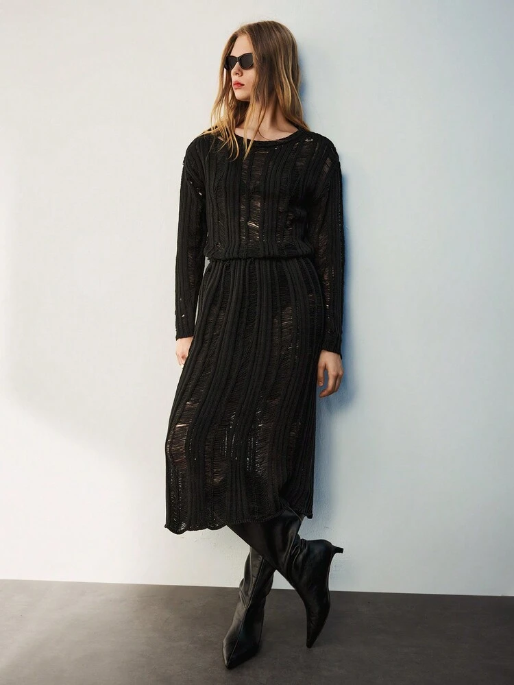 SHEIN Maija Women Hollow Out Semi-Sheer Round Neck Long Sleeve Maxi Sweater Dress