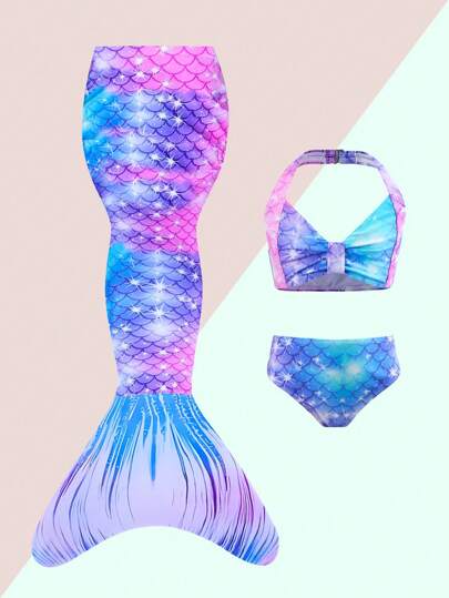 Baby Young Girl Fish Scale Print Halter Bikini Top And Bottoms Bikini Set Summer Beach