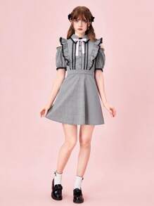 ROMWE Kawaii Women Contrast Binding Bow Decor Pleated Ruffle Hem Plaid Mini Dress, School - Black and White - View 5