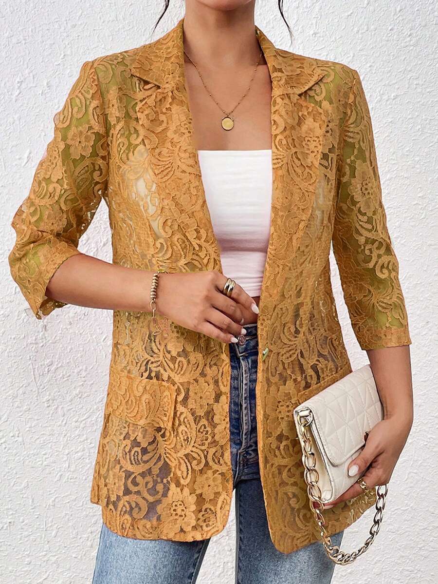 Chiquease Women's Solid Color Peter Pan Collar Lace Butterfly Mid-Sleeve Blazer