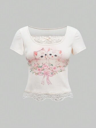Kawaii Camiseta con escote de pico, encaje en contraste, lazo y estampado de gatito y rosas para mujer, para la escuela