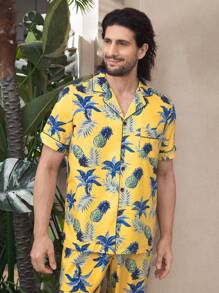 Manfinity Underwear&Sleepwear Basics Set pigiama uomo con camicia a maniche corte con colletto alla coreana, bottoni, tasche e stampa floreale e pantaloni - Giallo - Visualizzare 5