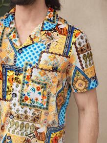 Men's Turndown Collar Button Front All-Over Print Short Sleeve Top And Pants Sleepwear Set - Yellow - View 5