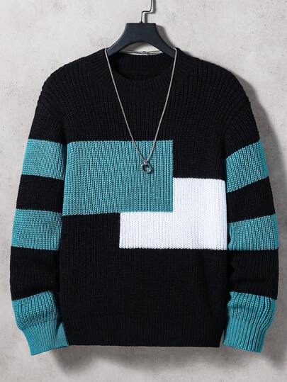 SHEIN Jersey de cuello redondo de color de contraste, jersey holgado de punto informal para niños adolescentes