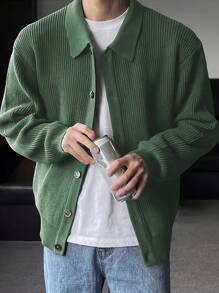 Cárdigan holgado de punto liso para hombre, jersey informal de manga larga con botones, elástico y transpirable con cuello - Verde - Ver 4